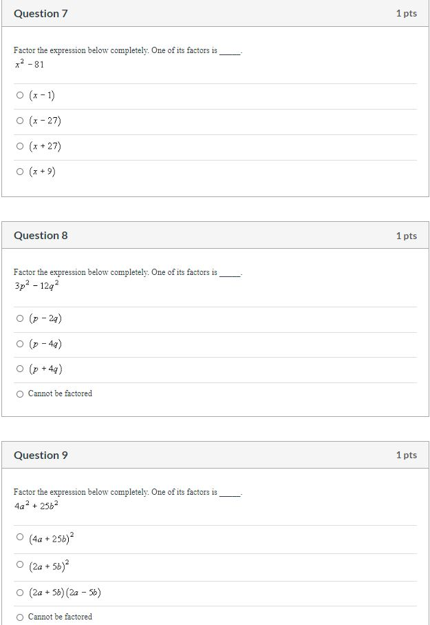Solved Question 7 1 pts Factor the expression below | Chegg.com