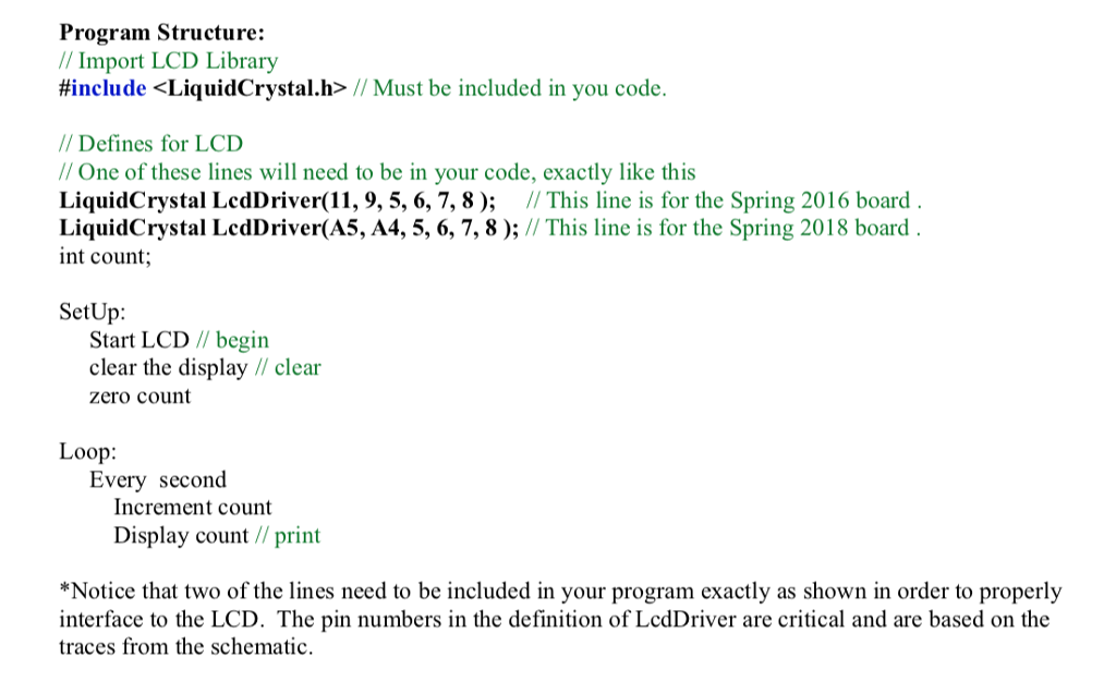 Solved Program Structure: // Import LCD Library #include // | Chegg.com