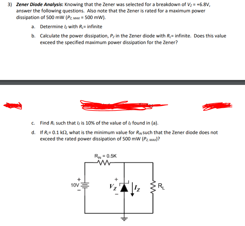 Solved 3) Zener Diode Analysis Knowing that the Zener was
