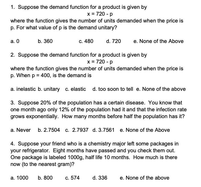 Solved 1. Suppose the demand function for a product is given | Chegg.com