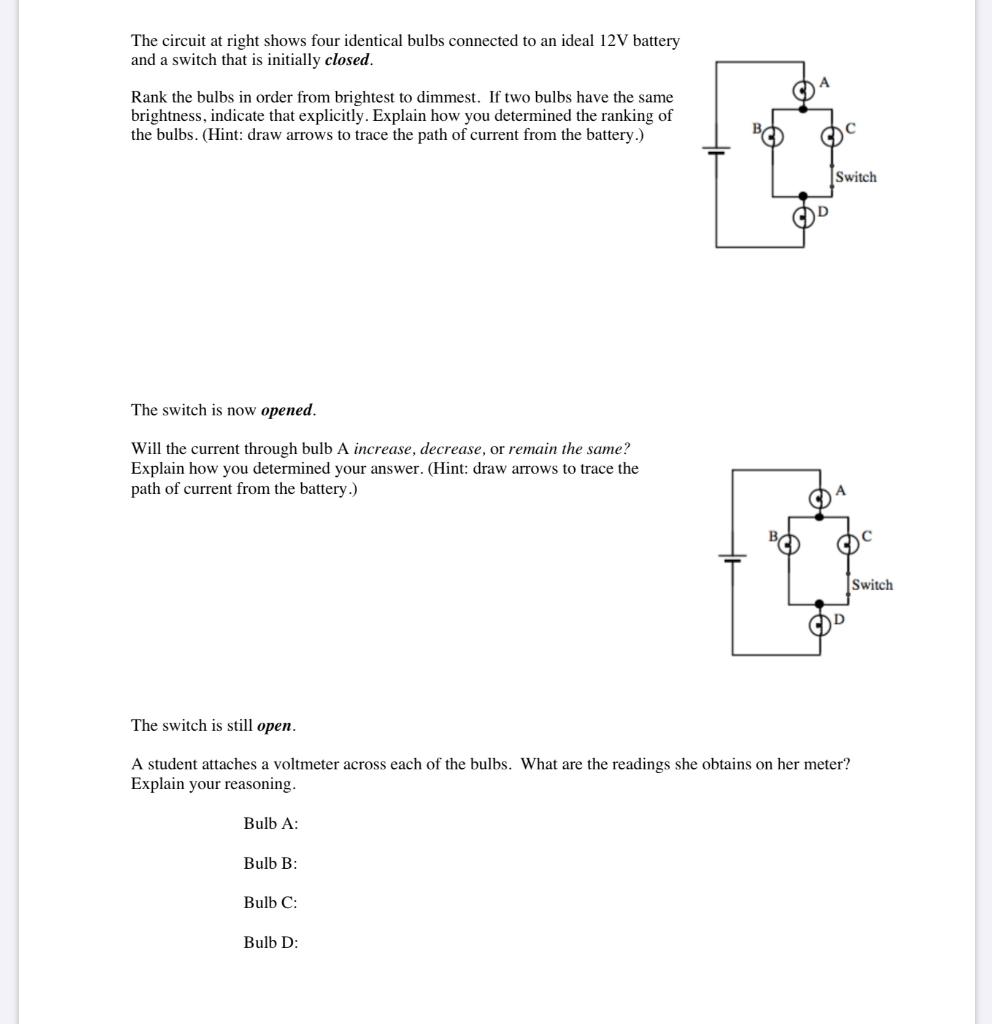 Solved The Circuit At Right Shows Four Identical Bulbs | Chegg.com