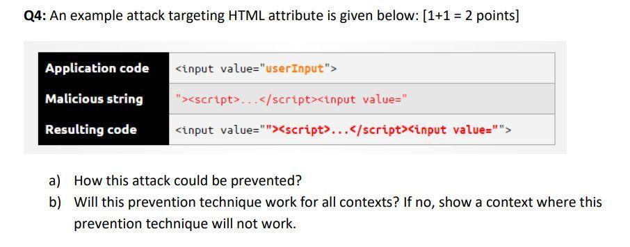 Q4: An example attack targeting HTML attribute is | Chegg.com