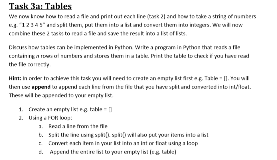 Solved Task 3a: Tables We now know how to read a file and | Chegg.com