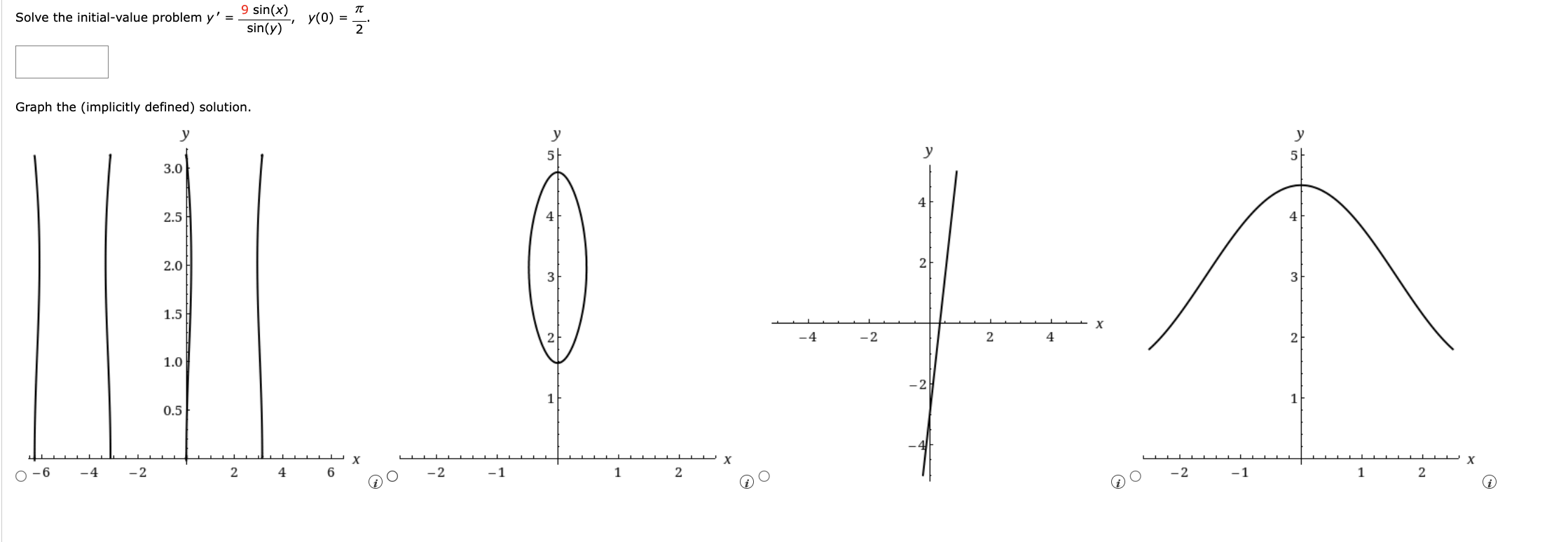 Solve the initial-value problem \( y^{\prime}=\frac{9 \sin (x)}{\sin (y)}, y(0)=\frac{\pi}{2} \). Graph the (implicitly defi