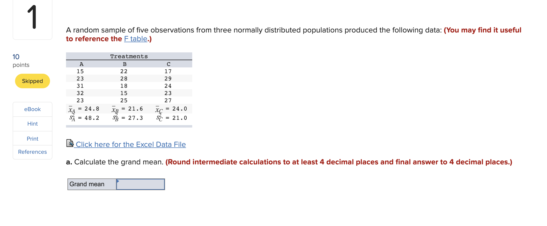Solved 1 A random sample of five observations from three | Chegg.com