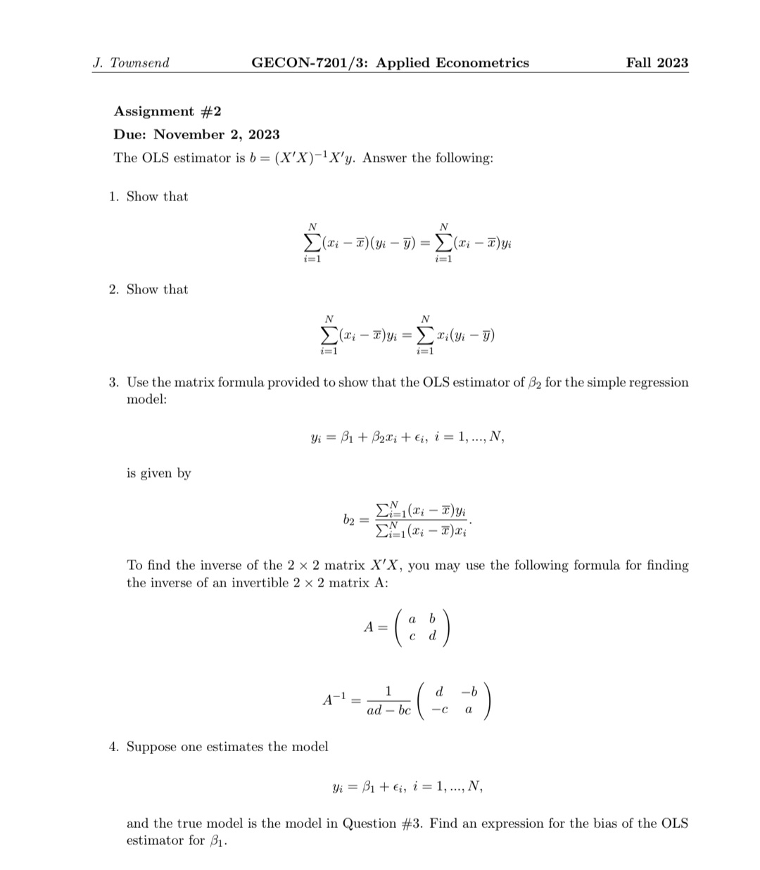 Solved Assignment \#2 Due: November 2, 2023 The OLS | Chegg.com