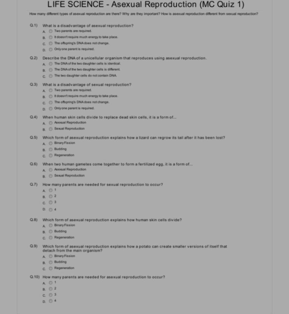 Solved LIFE SCIENCE Asexual Reproduction (MC Quiz 1) How