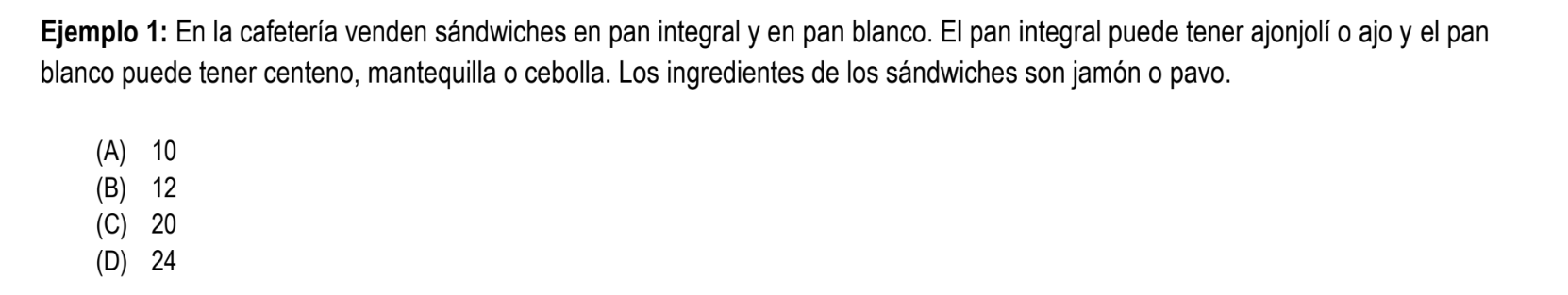 Ejemplo 1: En la cafetería venden sándwiches en pan integral y en pan blanco. El pan integral puede tener ajonjolí o ajo y el