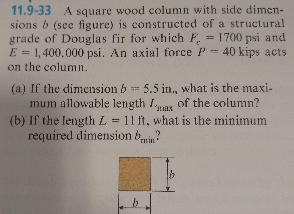 Solved 11.9-33 A Square Wood Column With Side Dimen- Sions B | Chegg.com