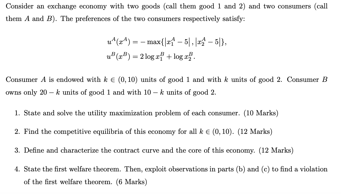 Solved Consider An Exchange Economy With Two Goods (call | Chegg.com