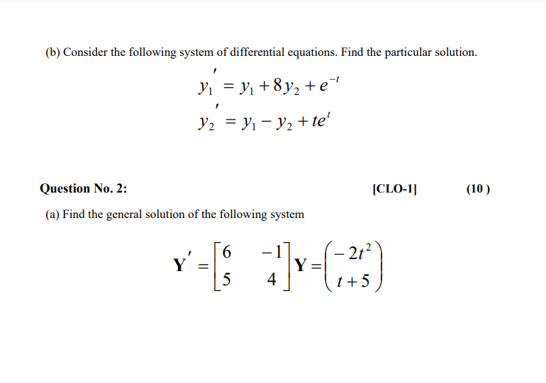 Solved (b) Consider The Following System Of Differential | Chegg.com