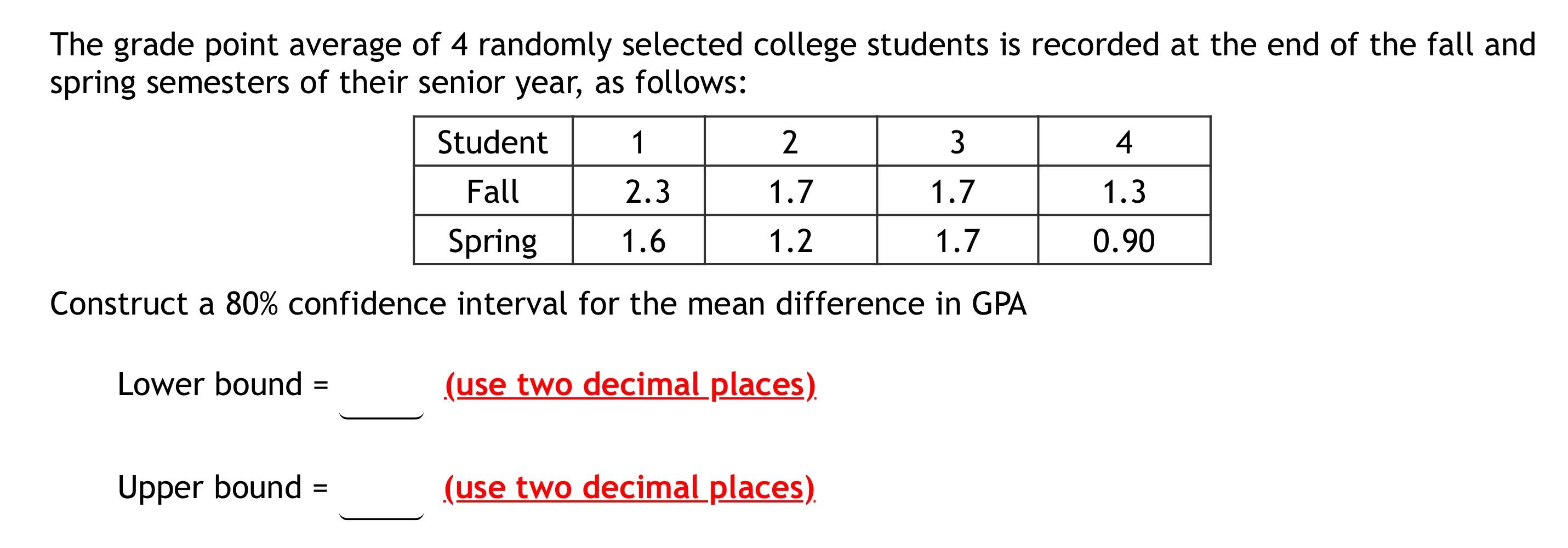 The grade point average of 4 randomly selected college students is recorded at the end of the fall and
spring semesters of th