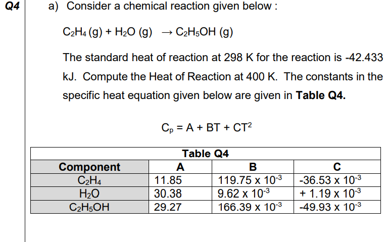 Solved Q4 a Consider a chemical reaction given below C2H4