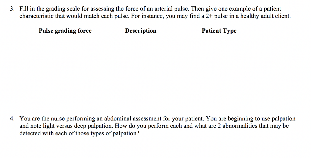 3. Fill in the grading scale for assessing the force of an arterial pulse. Then give one example of a patient characteristic