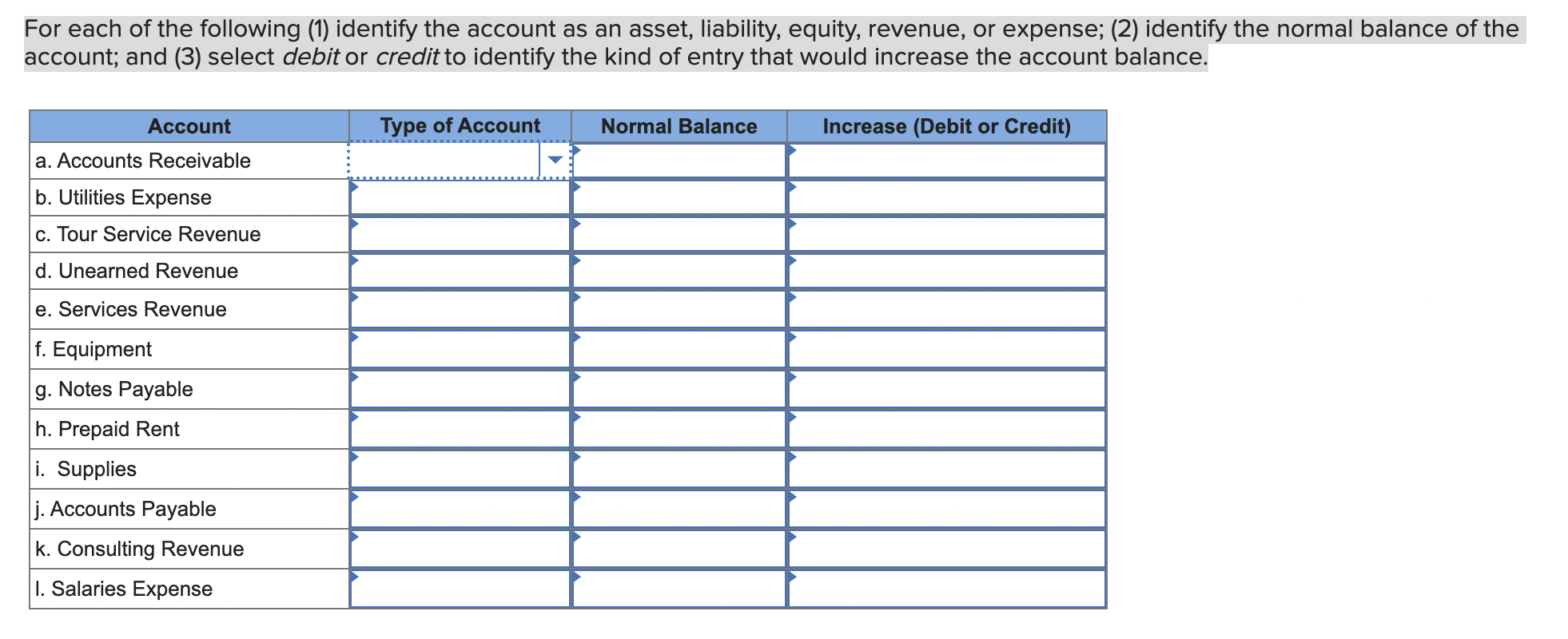 Solved For each of the following (1) identify the account as