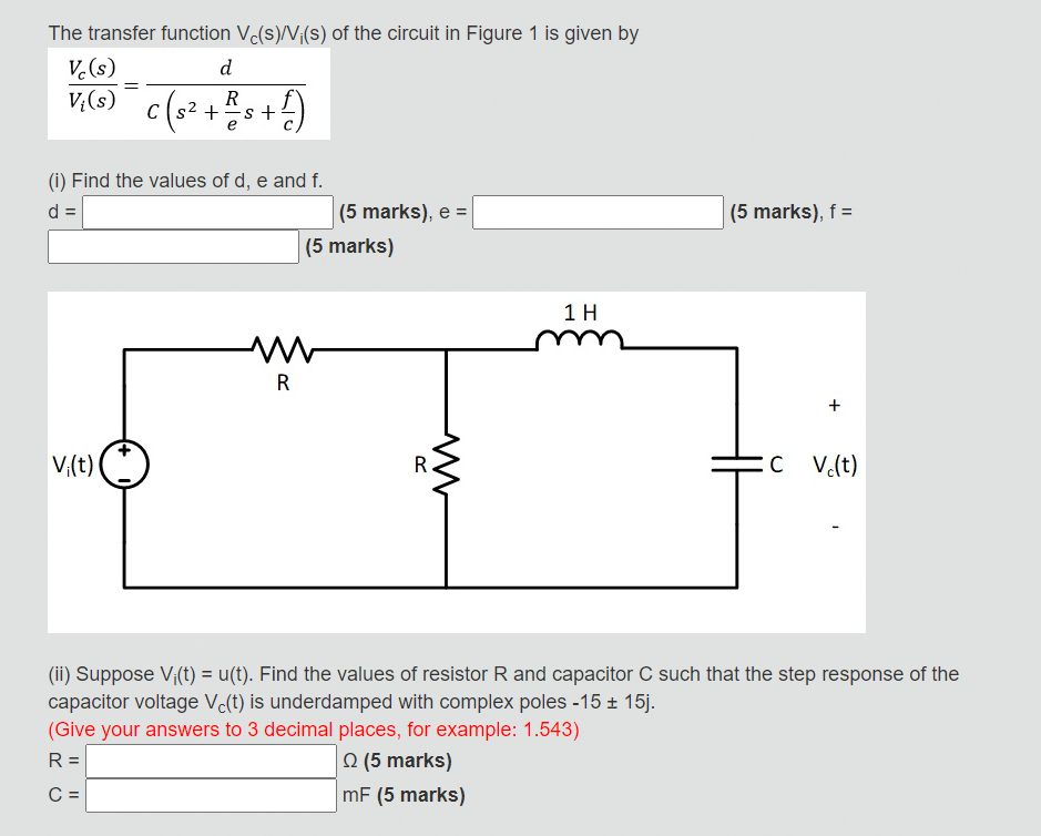 Solved The Transfer Function Vc S Vi S Of The Circuit I Chegg Com