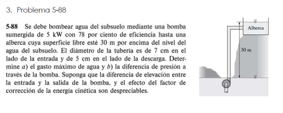 5-88 Se debe bombear agua del subsuelo mediante una bomba sumergida de \( 5 \mathrm{~kW} \) con 78 por ciento de eficiencia h