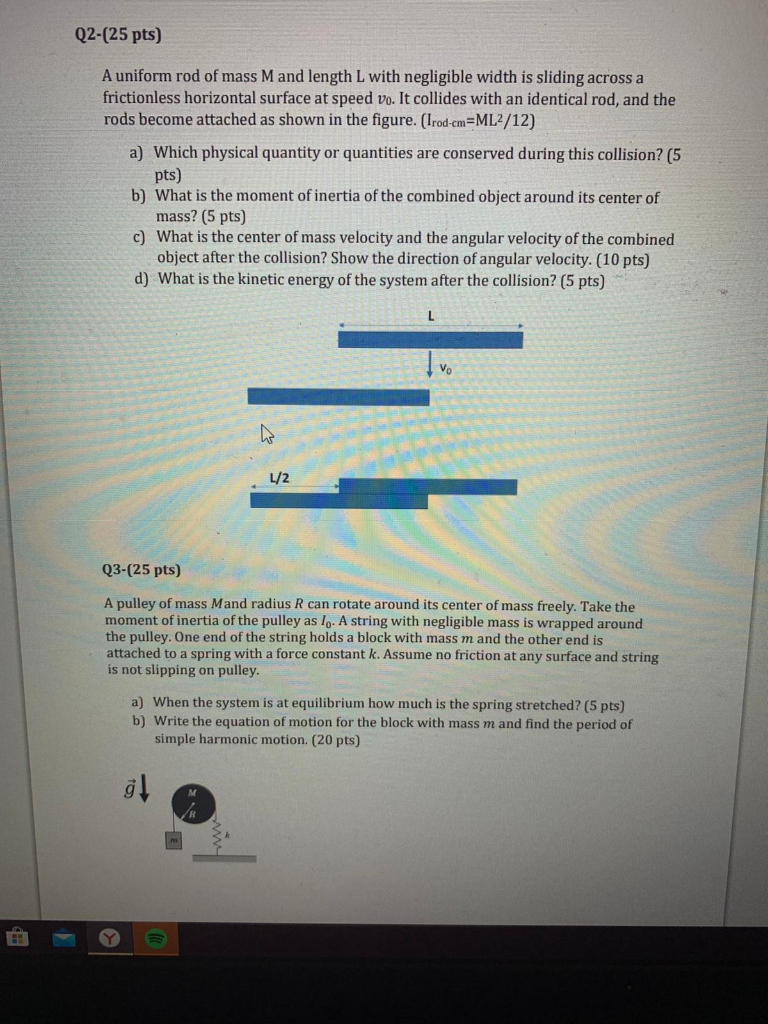 Solved Q2 25 Pts A Uniform Rod Of Mass M And Length L With