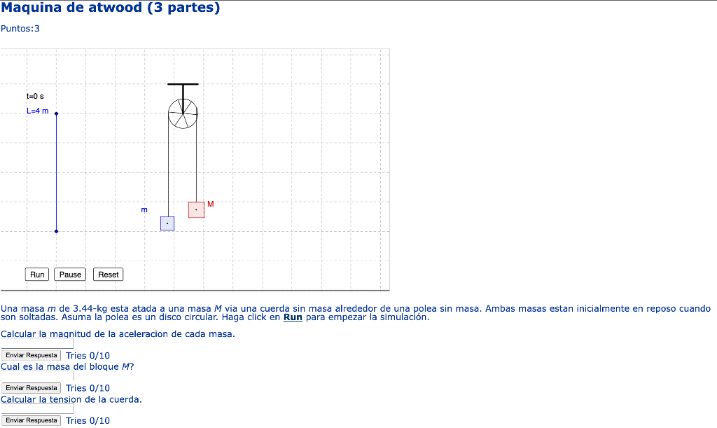 Maquina de atwood (3 partes) Puntos: 3 Una masa \( m \) de 3.44-kg esta atada a una masa \( M \) via una cuerda sin masa alre