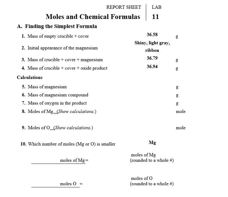 Solved Report Sheet Lab G Moles And Chemical Formulas 11 Chegg Com