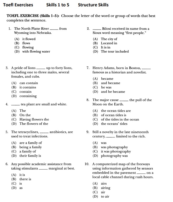 Solved TOEFL EXERCISE (Skills 1-5): Choose The Letter Of The | Chegg.com