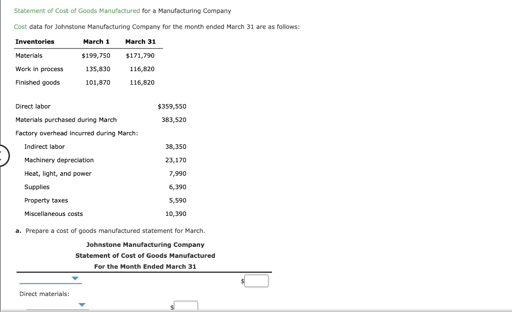 Solved Statement of Cost of Goods Manufactured for a