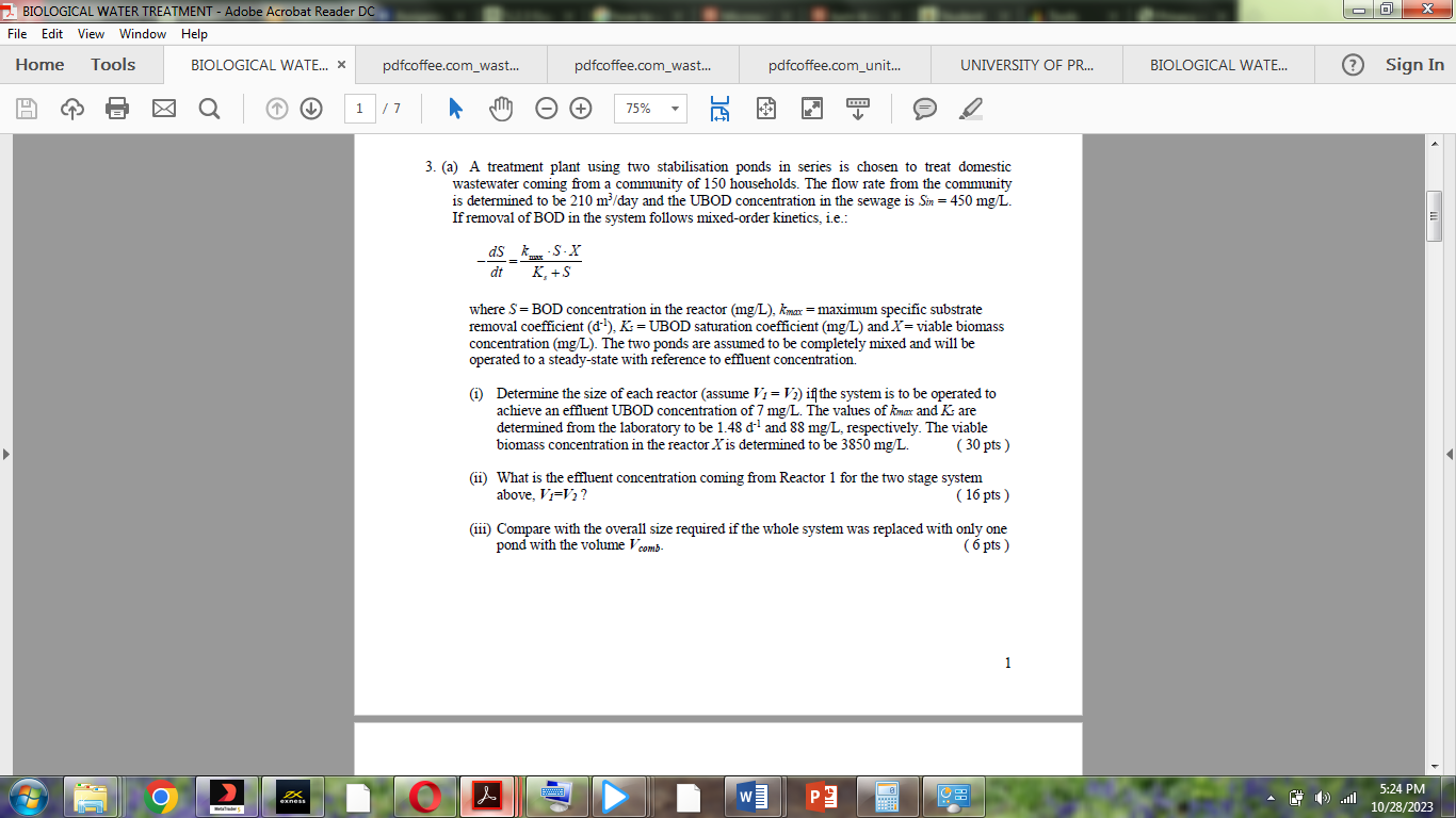 Solved where S= ﻿BOD concentration in the reactor | Chegg.com
