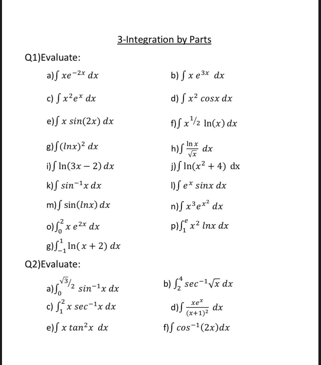 integration of 2x e x 2 dx