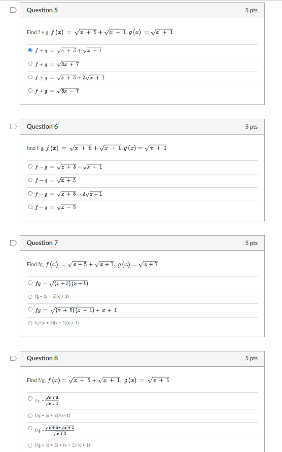 Solved Find f+g,f(x)=x+5+x+1,g(x)=x+1 | Chegg.com