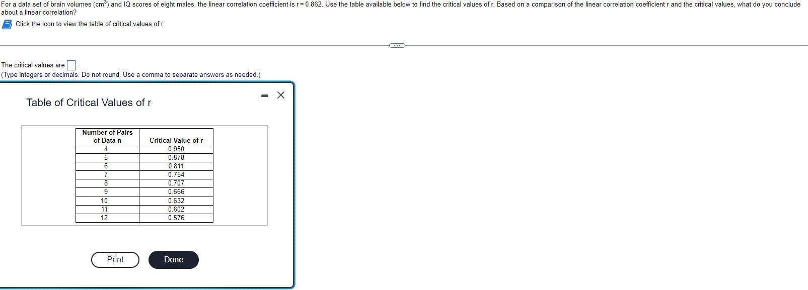 about a linear correlation?
Click the icon to view the table of critical values of \( r \).
The critical values are
(Type int