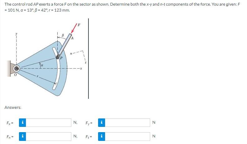 The control rod AP exerts a force F on the sector as shown. Determine both the x-y and n-t components of the force. You are g