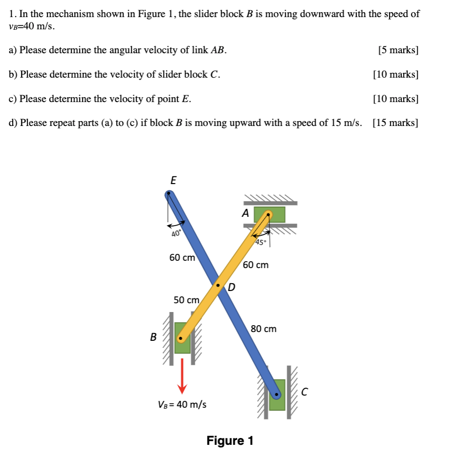 1. In the mechanism shown in Figure 1, the slider block \( B \) is moving downward with the speed of \( v_{B}=40 \mathrm{~m} 