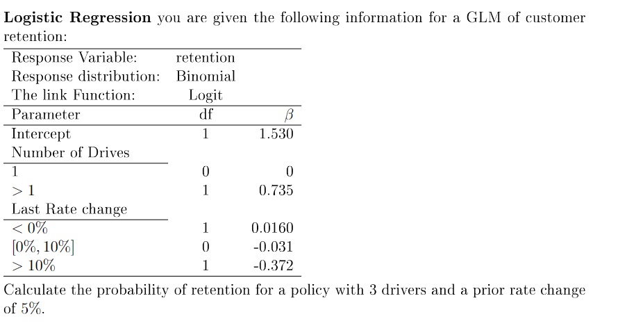 Logistic Regression you are given the following information for a GLM of customer retention:

Calculate the probability of re