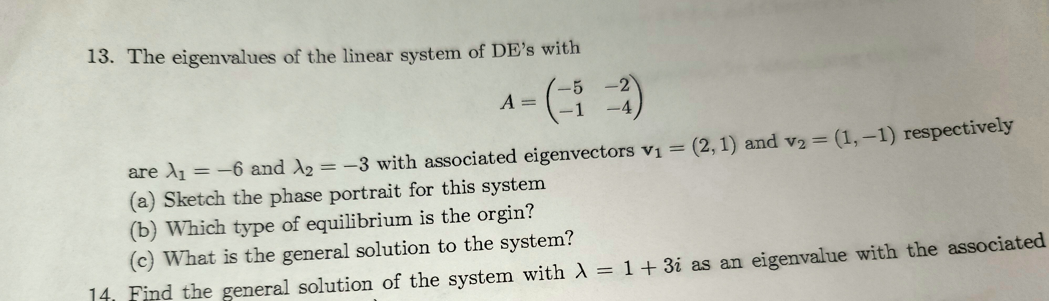 Solved 13. The eigenvalues of the linear system of DE's with | Chegg.com