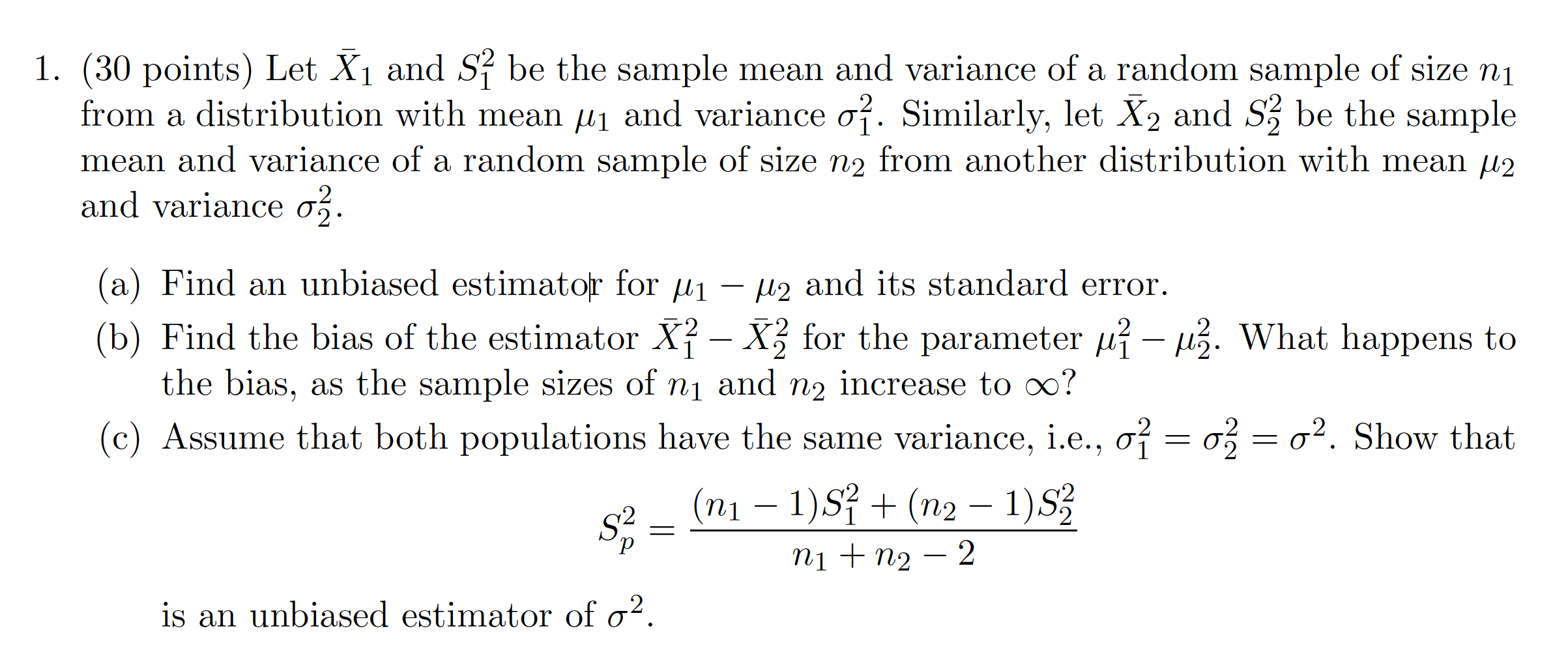 Solved 1. (30 points) Let X1 and Sẽ be the sample mean and | Chegg.com