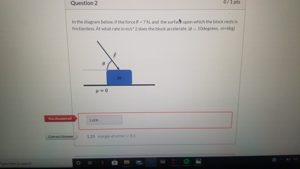 Solved Question 2 0/1 Pts In The Diagram Below, If The Force | Chegg.com