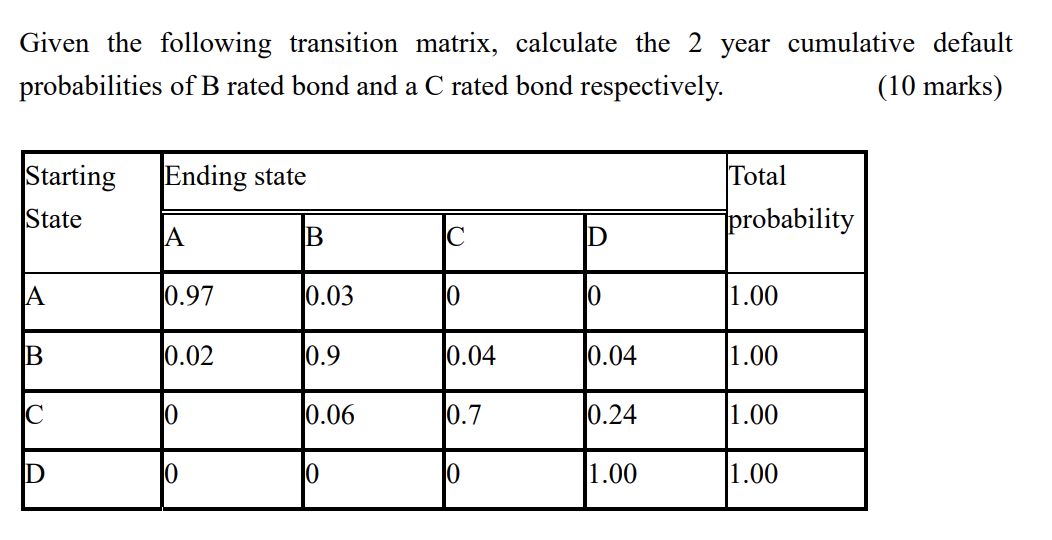 Solved Given the following transition matrix, calculate the | Chegg.com