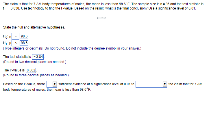 Solved The claim is that for 7AM body temperatures of males, | Chegg.com