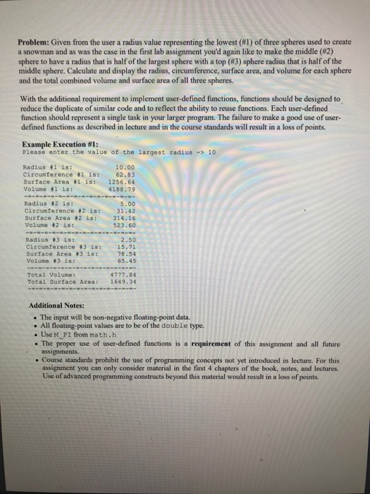 Solved Problem: Given from the user a radius value | Chegg.com