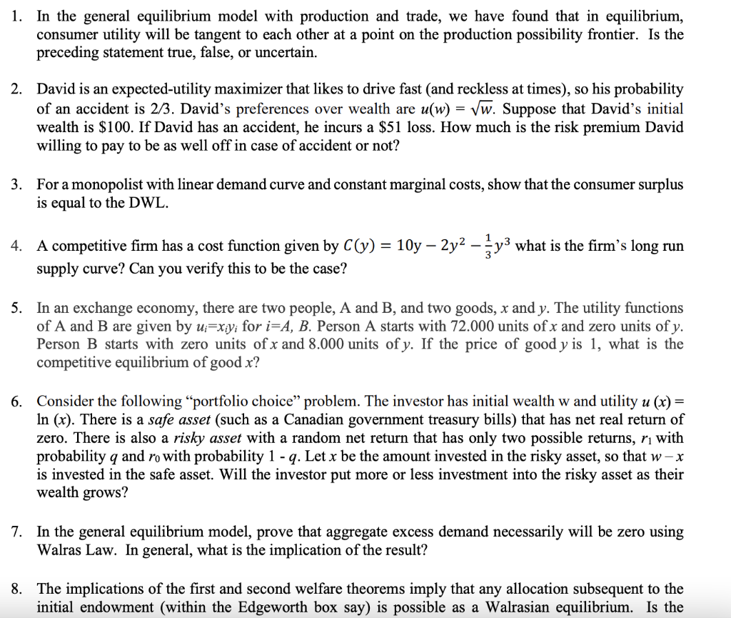 Solved 1. In the general equilibrium model with production | Chegg.com