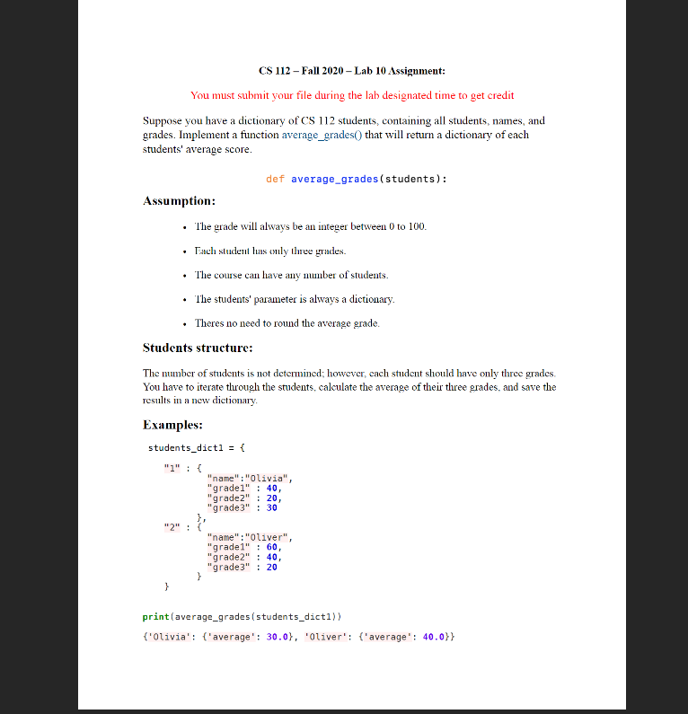 Solved CS 112 - Fall 2020 - Lab 10 Assignment: You must | Chegg.com