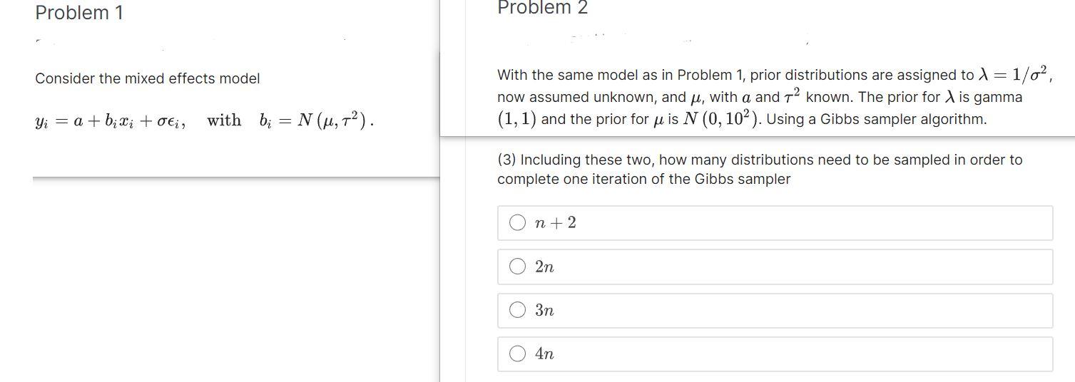 Solved Problem 1 Problem 2 Consider the mixed effects model | Chegg.com