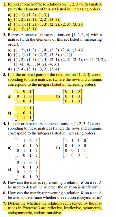 Solved (2,3), 6. 1. Represent each of these relations on{1, | Chegg.com