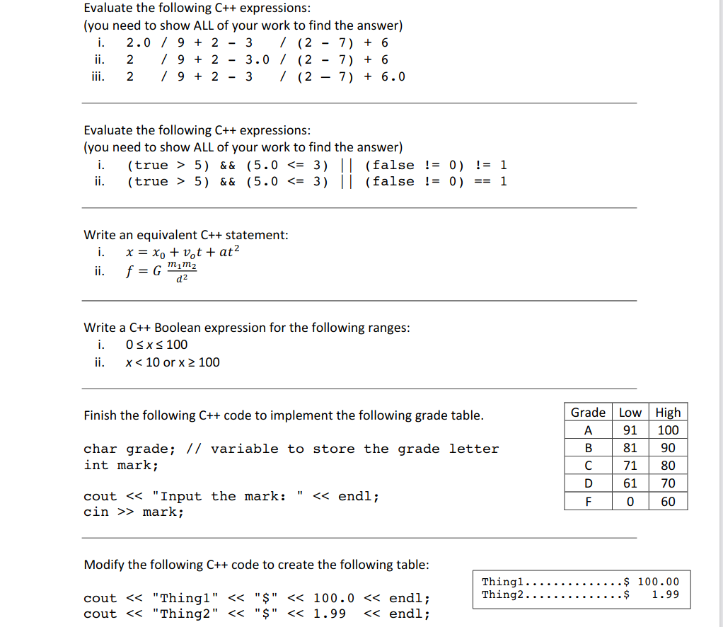 Solved] I need help 1. Evaluate the following C++ expressions