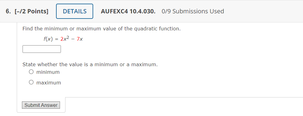 minimum value of x 2 4x 7