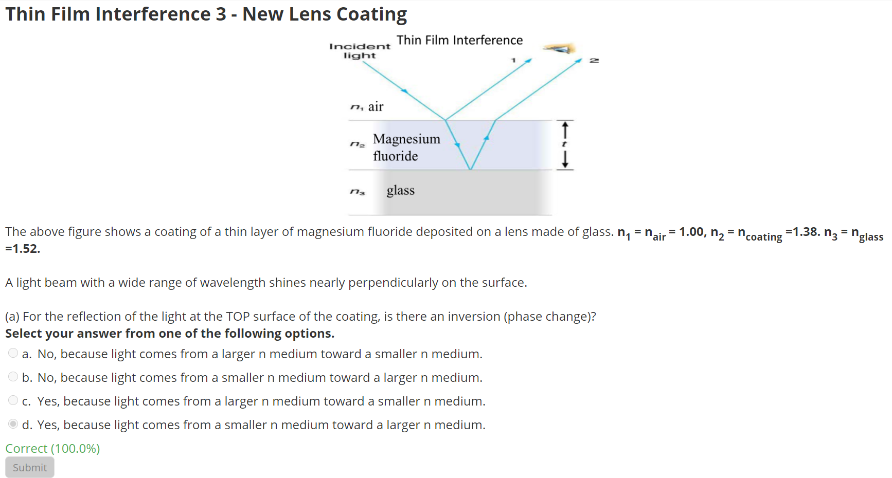 Solved Thin Film Interference 3 - New Lens Coating Thin Film | Chegg.com