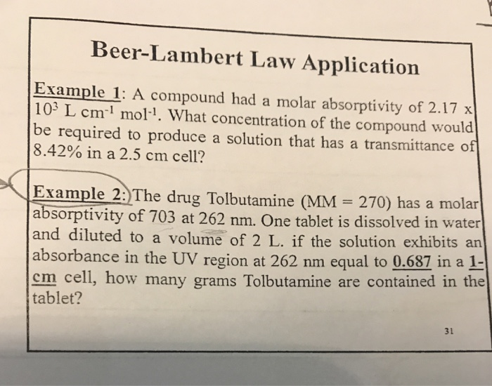 Solved Beer-Lambert Law Application Example 1: A Compound | Chegg.com ...