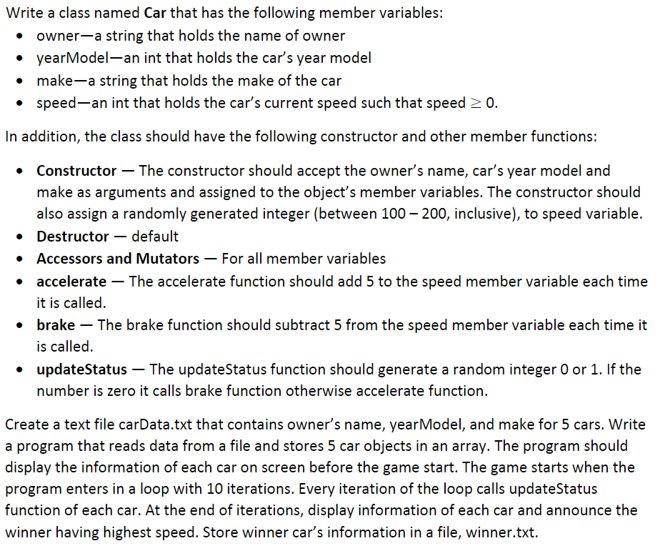Solved Write a class named Car that has the following member | Chegg.com