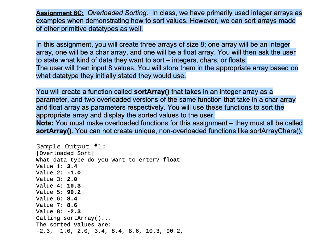 Solved Assignment 6C: Overloaded Sorting. In class, we have | Chegg.com