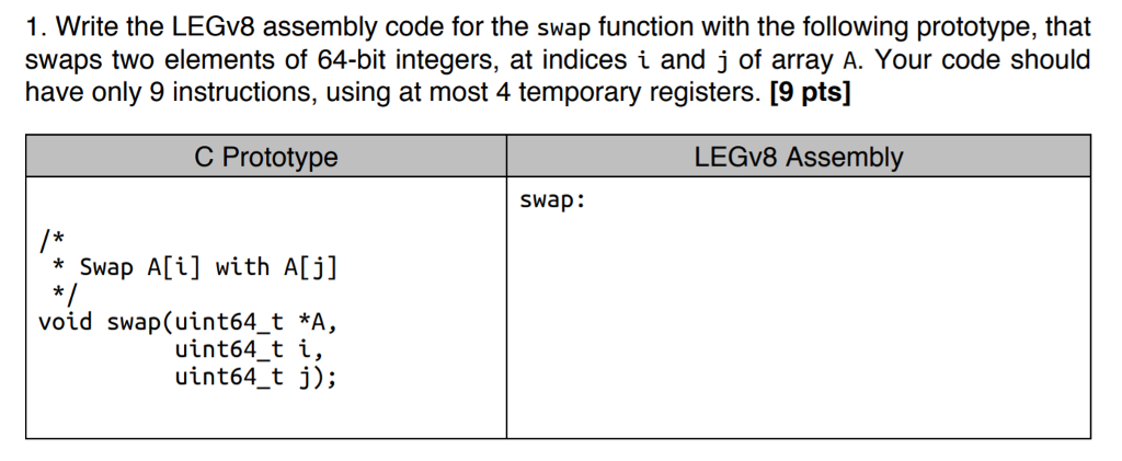 Solved 1. Write The LEGv8 Assembly Code For The Swap | Chegg.com